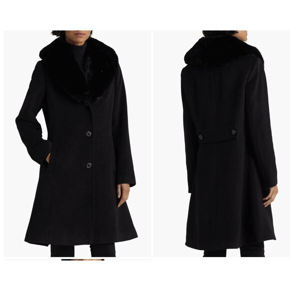 New RALPH LAUREN  Women's Faux Fur Shawl Collar Black Wool Blend Coat SZ 14 - Picture 1 of 6